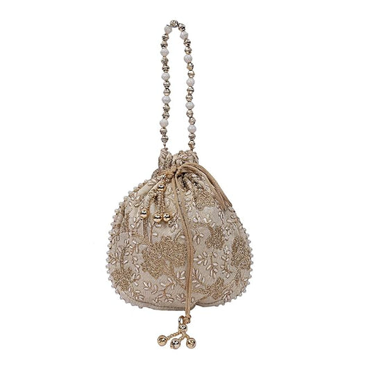 Silk Embroidered Women Potli Bag (Cream)