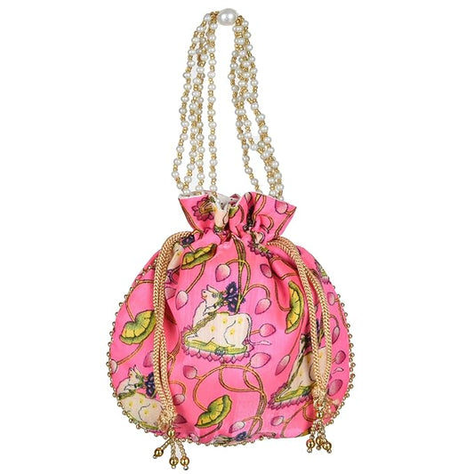 Potli|Silk Wedding Potli|Wallet Potli|Christmas Gift Potli|Baby Shower Potli|Traditional Shagun Potli|Drawstring with Beads Handle Potli|Cow-Design Patli Potli|Pink