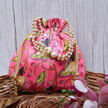 Potli|Silk Wedding Potli|Wallet Potli|Christmas Gift Potli|Baby Shower Potli|Traditional Shagun Potli|Drawstring with Beads Handle Potli|Cow-Design Patli Potli|Pink