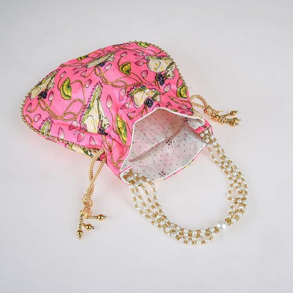 Potli|Silk Wedding Potli|Wallet Potli|Christmas Gift Potli|Baby Shower Potli|Traditional Shagun Potli|Drawstring with Beads Handle Potli|Cow-Design Patli Potli|Pink