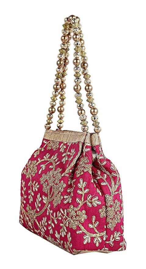 Polyester Embroidered Woman Potli Bag, Pink - CTKTC31391