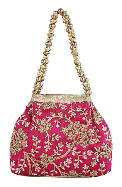 Polyester Embroidered Woman Potli Bag, Pink - CTKTC31391