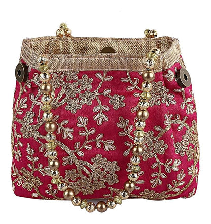 Polyester Embroidered Woman Potli Bag, Pink - CTKTC31391