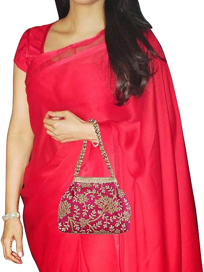 Polyester Embroidered Woman Potli Bag, Pink - CTKTC31391