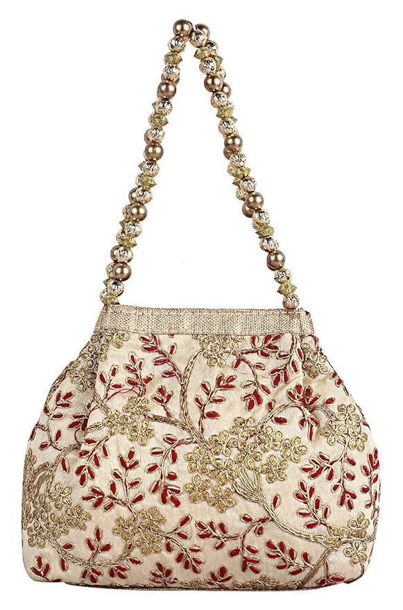 Polyester Embroidered Woman Potli Bag, Cream