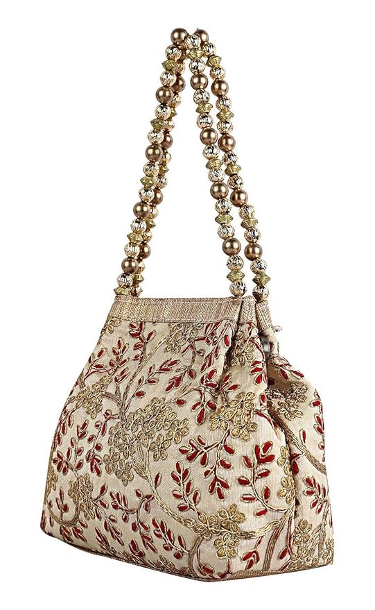 Polyester Embroidered Woman Potli Bag, Cream