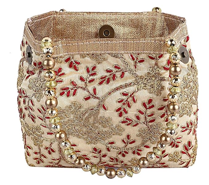 Polyester Embroidered Woman Potli Bag, Cream