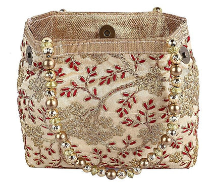 Polyester Embroidered Woman Potli Bag, Cream