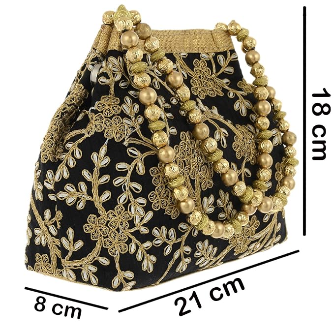 Polyester Embroidered Potli Batwa Pouch Bag for Women (Black) - CTKTC043744