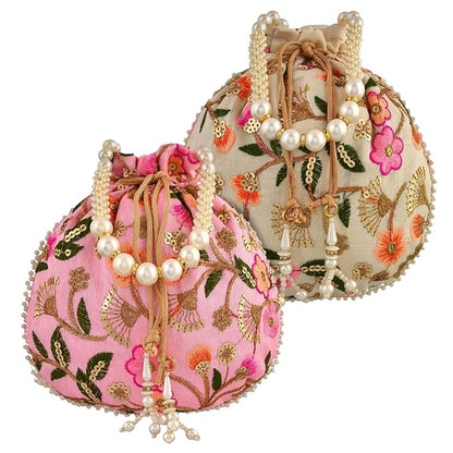 Potli|Silk Wedding Potli|Christmas Gift Potli|Baby Shower Potli|Traditional Shagun Potli|Drawstring with Beads Handle Potli|New Flower Embroidery Potli|Pack of 2|Multi