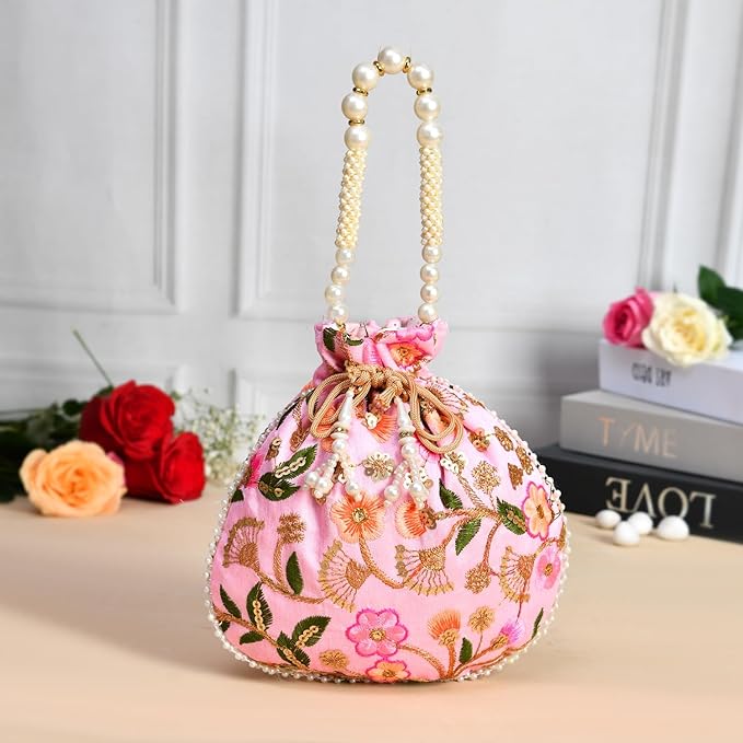 Potli|Silk Wedding Potli|Christmas Gift Potli|Baby Shower Potli|Traditional Shagun Potli|Drawstring with Beads Handle Potli|New Flower Embroidery Potli|Pack of 2|Multi