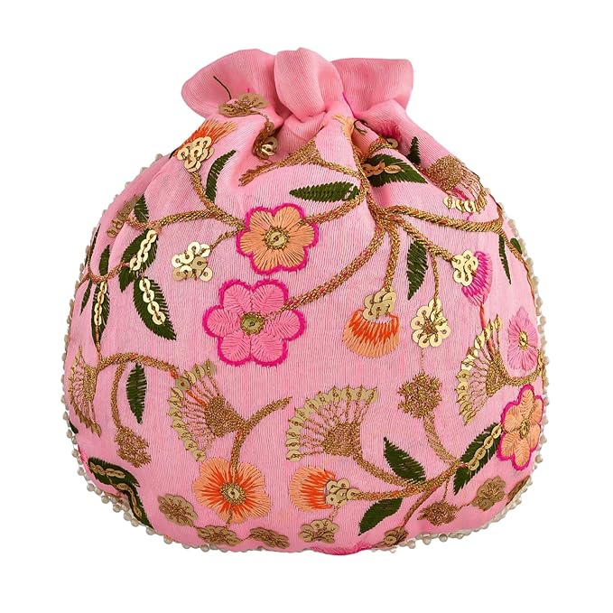 Potli|Silk Wedding Potli|Christmas Gift Potli|Baby Shower Potli|Traditional Shagun Potli|Drawstring with Beads Handle Potli|New Flower Embroidery Potli|Pack of 2|Multi