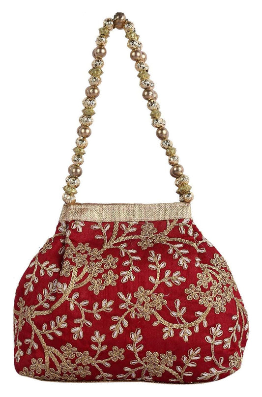 Polyester Embroidered Woman Potli Bag, Maroon - CTKTC31386