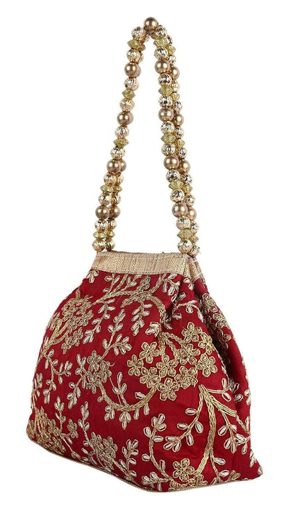 Polyester Embroidered Woman Potli Bag, Maroon - CTKTC31386