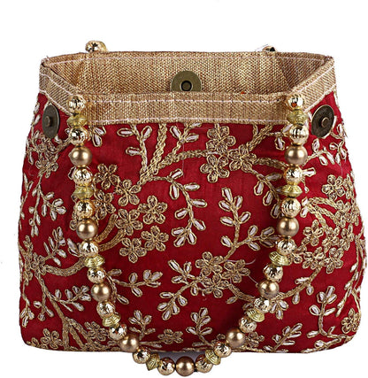 Polyester Embroidered Woman Potli Bag, Maroon - CTKTC31386