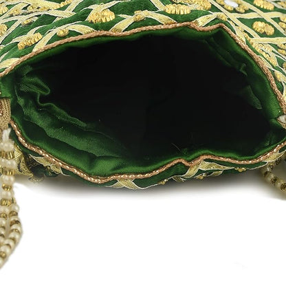 3-Layer Silk Traditional Mirror Work Clutch Potli Batwa Pouch Bag for Women/Girls (Green)-KUBMART11519, Standard